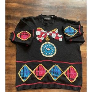 Vtg Claus Sweater Size L BlackW/Sequins NYE Clock  Art To Wear Ugly Sweater